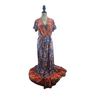 ZESICA Floral Print‎ Maxi Dress Bohemian Tie Front Short Sleeve Orange Blue
